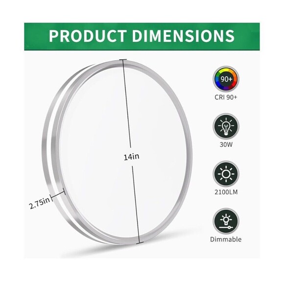 Wattcreek Flush Mount LED Light 14in 5 Adjust Light Color Double Silver Ring Dim - Picture 7 of 10
